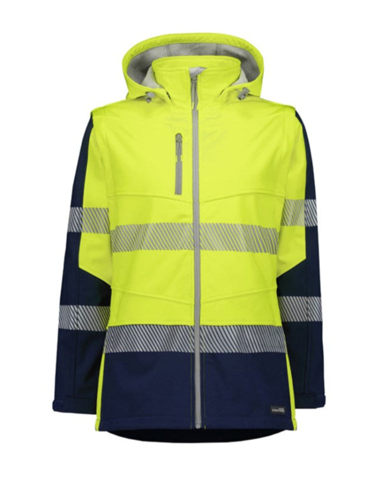 HI VIS SOFTSHELL WOMENS 2 IN 1 JACKET - Zip-Off Sleeves Heavy Weight - Wear as Jacket or Vest, Comfort Plus