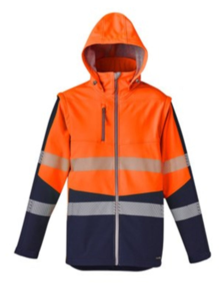 HI VIS SOFTSHELL UNISEX JACKET  - Zip off Hood, Zip Off Sleeves, Segmented Tape, Stretches for Comfort