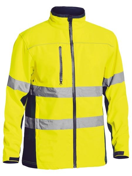 BISLEY WOMENS SOFT SHELL HI VIS JACKET - COMFORT PLUS,  REFLECTIVE TAPE, NAVY ARM PANEL, SHOWERPROOF