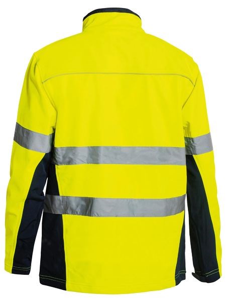 BISLEY WOMENS SOFT SHELL HI VIS JACKET - COMFORT PLUS,  REFLECTIVE TAPE, NAVY ARM PANEL, SHOWERPROOF