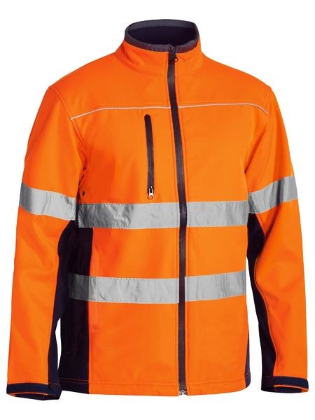 BISLEY WOMENS SOFT SHELL HI VIS JACKET - COMFORT PLUS,  REFLECTIVE TAPE, NAVY ARM PANEL, SHOWERPROOF