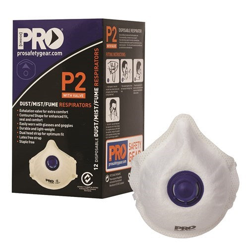 P2 DUST MASKS WITH VALVE (BOX 12) = Protects Against 94% Toxic Dust Particles, Valve for Easy Breathing and less Heat Build Up