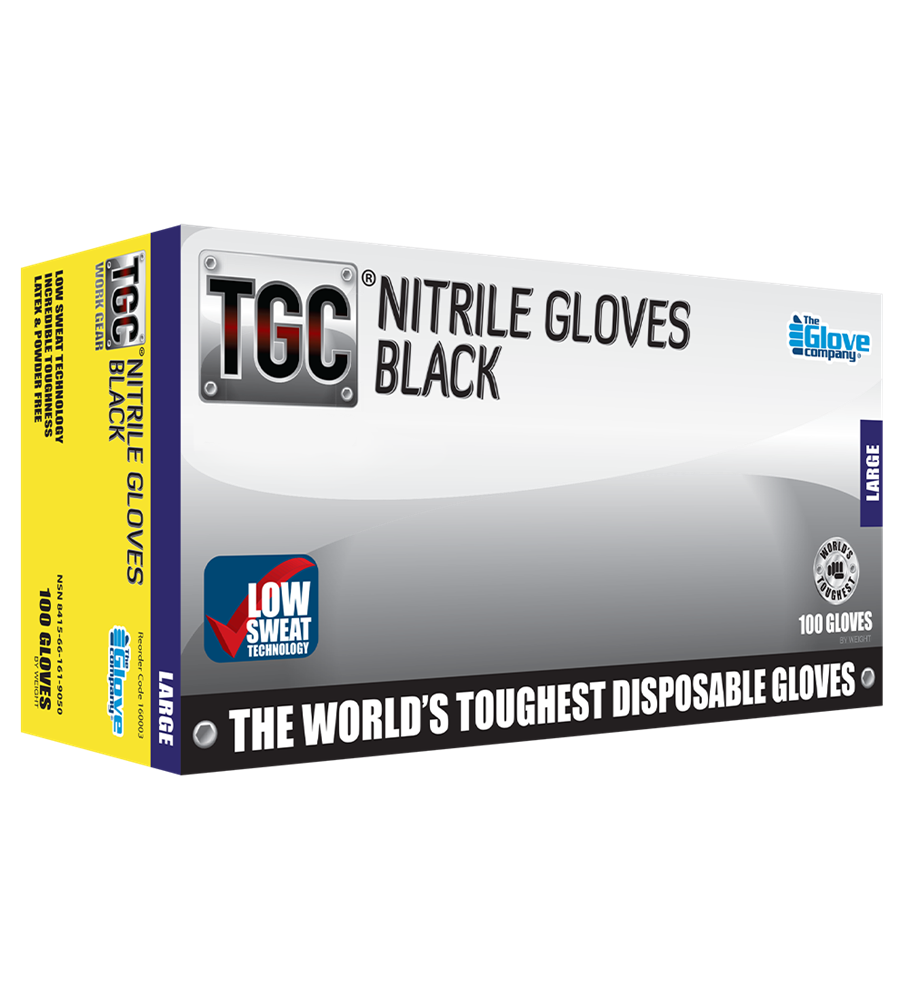 TGC BLACK NITRILE GLOVES - STRONG, PUNCTURE RESISTANT, CHEMICAL RESISTANT, LATEX AND VINYL FREE